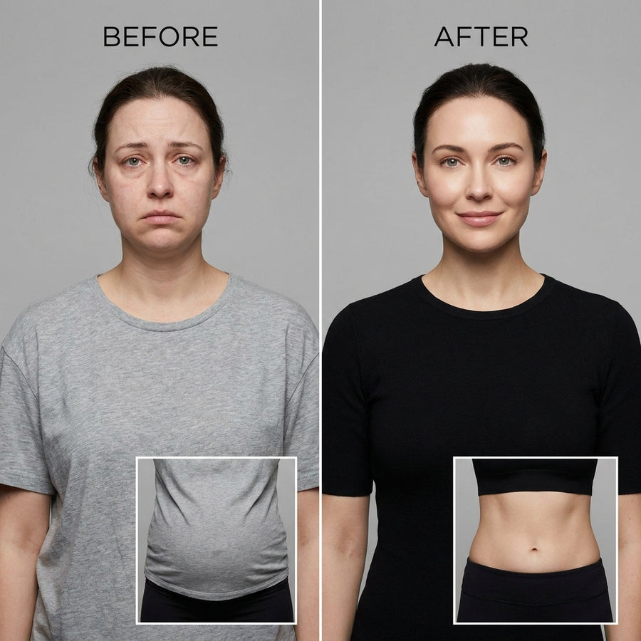Antes y después: rostro descansado y abdomen desinflamado